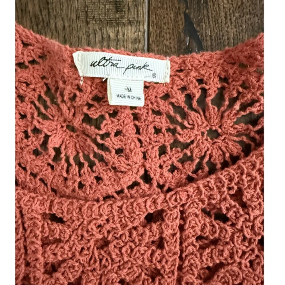 Ultra Pink Burnt Sienna Crochet Crop Top Puff Sleeves Scallop Hem Size M - Picture 6 of 6